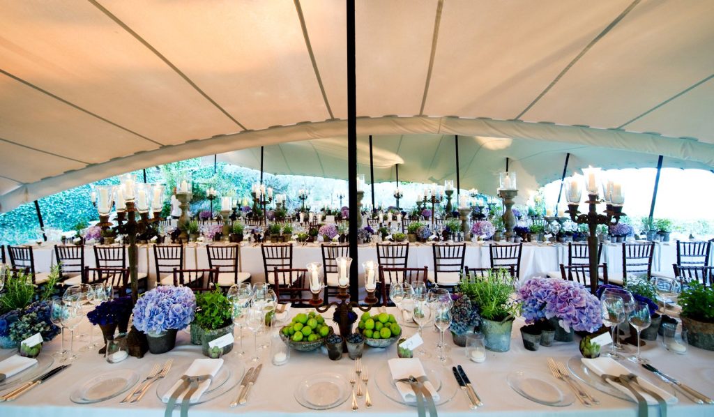 A stretch tent structure set up for a wedding